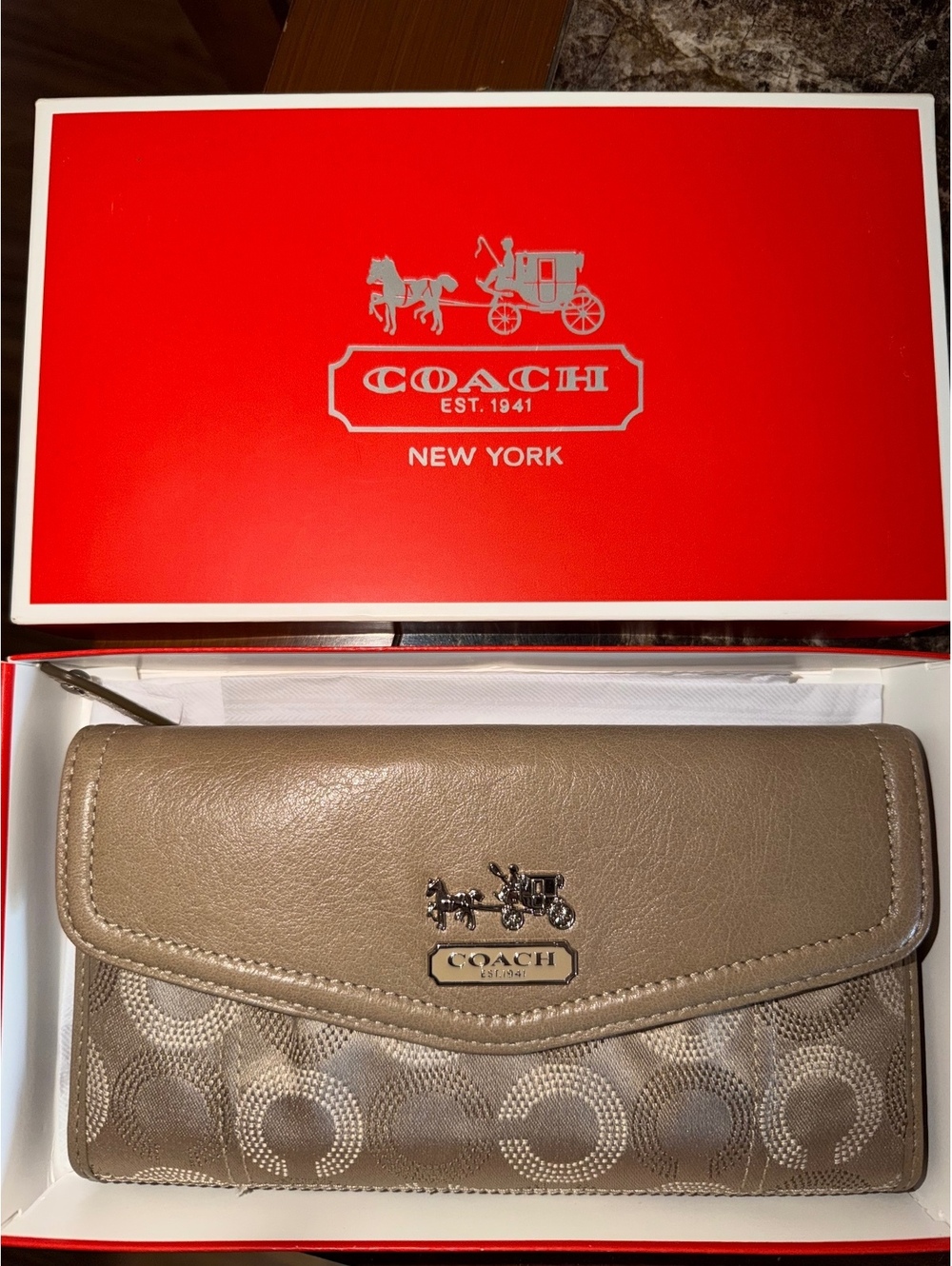 Coach Signature Canvas and Leather Wallet in Taupe and Pink